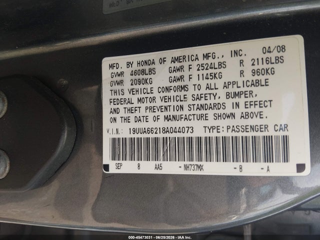 Aukcja sprzedaży 2008 Acura Tl 3.2, vin: 19UUA66218A044073, numer aukcji: 45473031