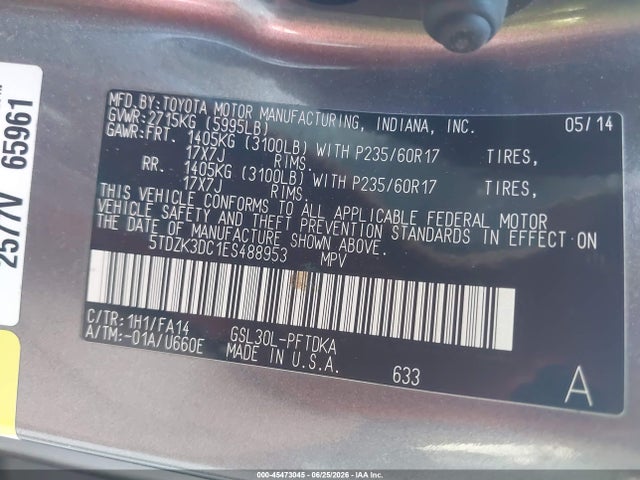 5TDZK3DC1ES488953 Toyota Sienna L V6 7 Passenger