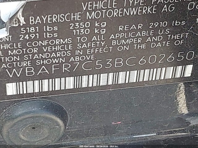 Aukcja sprzedaży 2011 Bmw 535i, vin: WBAFR7C53BC602650, numer aukcji: 45473050