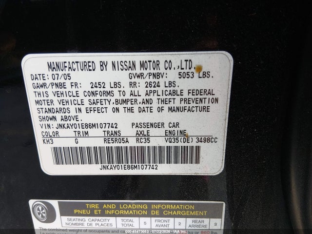 Aukcja sprzedaży 2006 Infiniti M35, vin: JNKAY01E86M107742, numer aukcji: 45473053