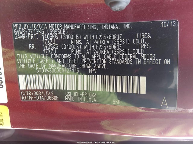 5TDYK3DC3ES427115 Toyota Sienna Xle V6 8 Passenger