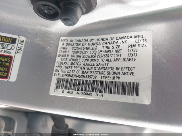2016 Honda Cr-v Se მანქანა იყიდება აუქციონზე, vin: 2HKRM3H45GH535732, აუქციონის ნომერი: 45473078