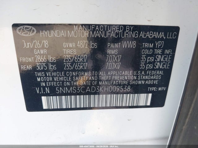 Hyundai Santa Fe Sel 2019 5NMS3CAD3KH009538 Image 9