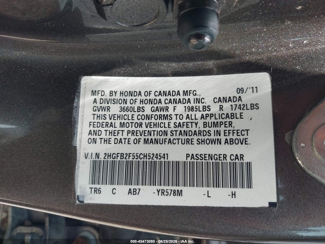 45473090 :رقم المزاد ، 2HGFB2F55CH524541 vin ، 2012 Honda Civic Lx مزاد بيع