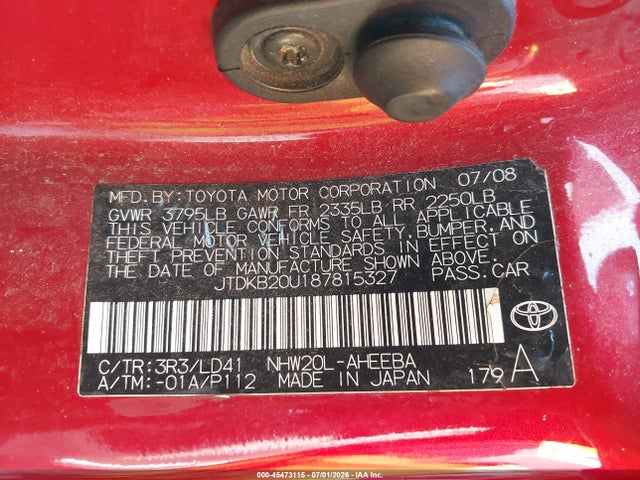 2008 Toyota Prius მანქანა იყიდება აუქციონზე, vin: JTDKB20U187815327, აუქციონის ნომერი: 45473115
