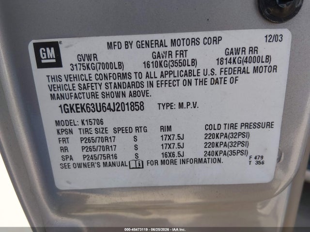 Продажа на аукционе авто 2004 Gmc Yukon Denali, vin: 1GKEK63U64J201858, номер лота: 45473119
