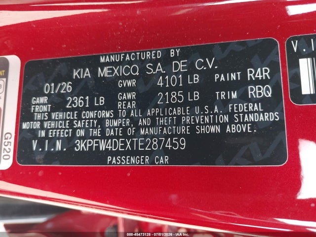 Aukcja sprzedaży 2026 Kia K4 Gt-line, vin: 3KPFW4DEXTE287459, numer aukcji: 45473128