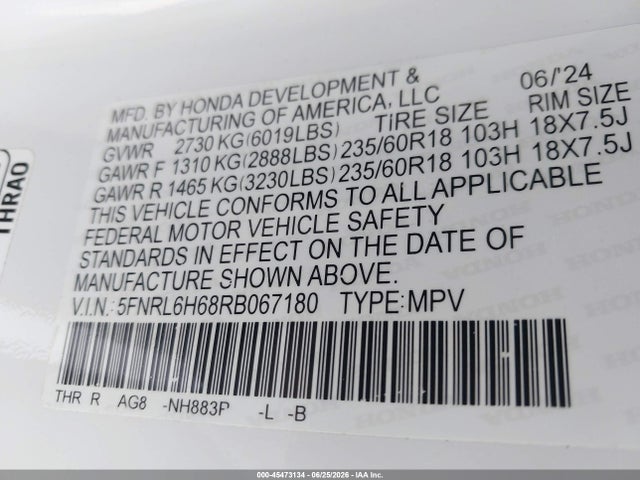 Aukcja sprzedaży 2024 Honda Odyssey Ex-l, vin: 5FNRL6H68RB067180, numer aukcji: 45473134