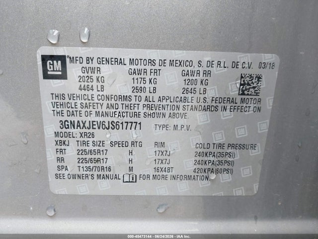 2018 Chevrolet Equinox Lt მანქანა იყიდება აუქციონზე, vin: 3GNAXJEV6JS617771, აუქციონის ნომერი: 45473144