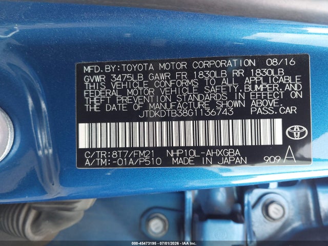 Toyota Prius C Three 2016 JTDKDTB38G1136743 Image 9