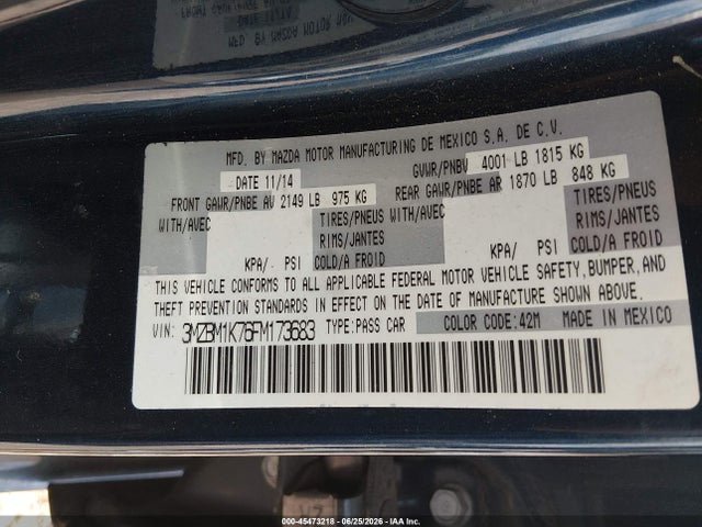 2015 Mazda Mazda3 I Sport მანქანა იყიდება აუქციონზე, vin: 3MZBM1K76FM173683, აუქციონის ნომერი: 45473218