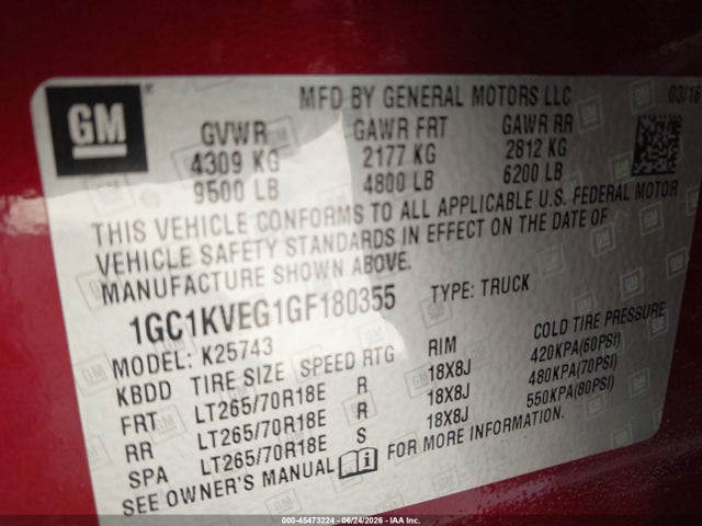 2016 Chevrolet Silverado 2500hd Lt მანქანა იყიდება აუქციონზე, vin: 1GC1KVEG1GF180355, აუქციონის ნომერი: 45473224