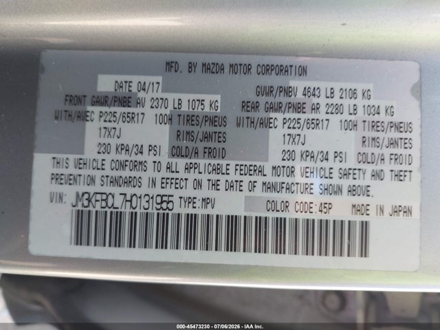 Aukcja sprzedaży 2017 Mazda Cx-5 Touring, vin: JM3KFBCL7H0131955, numer aukcji: 45473230