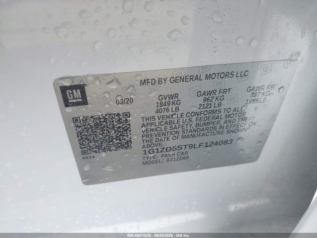 45473235 :رقم المزاد ، 1G1ZD5ST9LF124083 vin ، 2020 Chevrolet Malibu Fwd Lt مزاد بيع