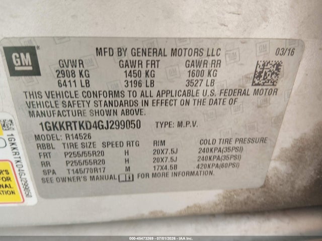 2016 Gmc Acadia Denali მანქანა იყიდება აუქციონზე, vin: 1GKKRTKD4GJ299050, აუქციონის ნომერი: 45473269