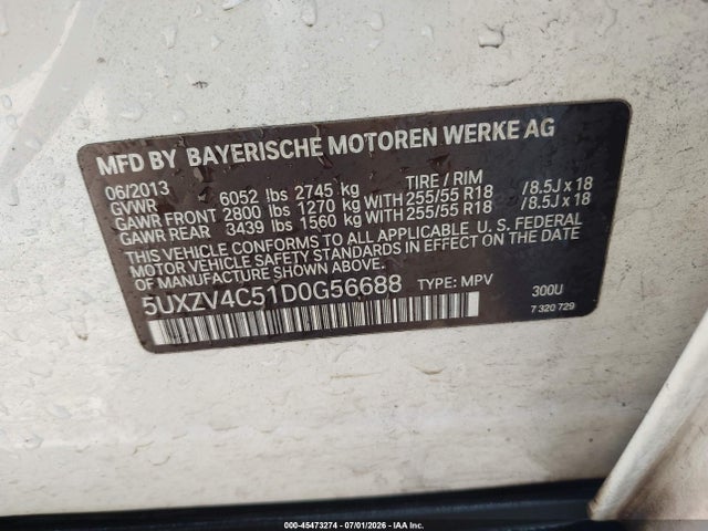 Auction sale of the 2013 Bmw X5 Xdrive35i/xdrive35i Premium/xdrive35i Sport Activity, vin: 5UXZV4C51D0G56688, lot number: 45473274