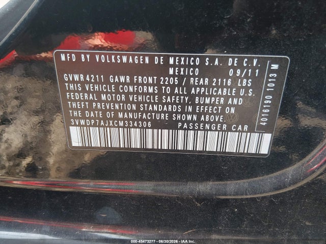2012 Volkswagen Jetta 2.5l Se მანქანა იყიდება აუქციონზე, vin: 3VWDP7AJXCM334306, აუქციონის ნომერი: 45473277