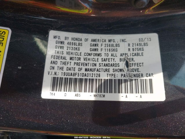 45473335 :رقم المزاد ، 19UUA8F51DA012126 vin ، 2013 Acura Tl 3.5 مزاد بيع