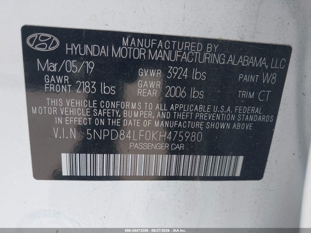 Продажа на аукционе авто 2019 Hyundai Elantra Sel, vin: 5NPD84LF0KH475980, номер лота: 45473359