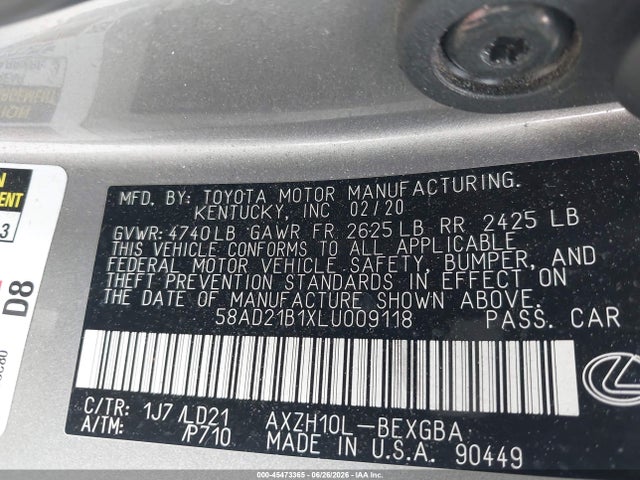 45473365 :رقم المزاد ، 58AD21B1XLU009118 vin ، 2020 Lexus Es 300h مزاد بيع