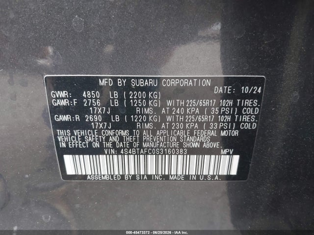 2025 Subaru Outback Premium მანქანა იყიდება აუქციონზე, vin: 4S4BTAFC0S3160383, აუქციონის ნომერი: 45473372