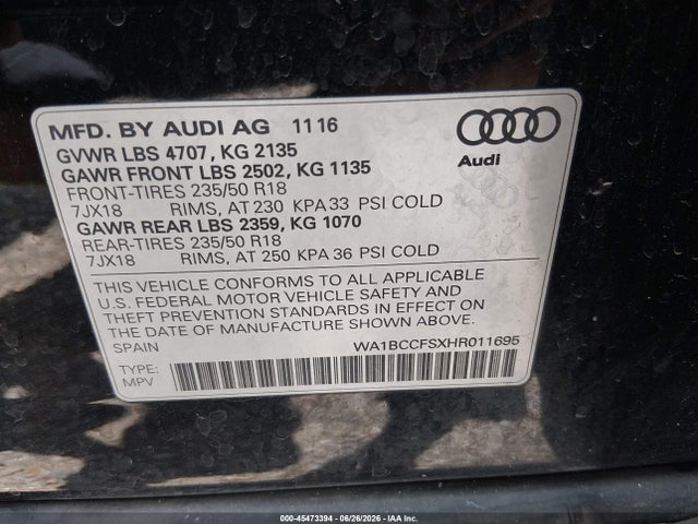 Aukcja sprzedaży 2017 Audi Q3 2.0t Premium, vin: WA1BCCFSXHR011695, numer aukcji: 45473394