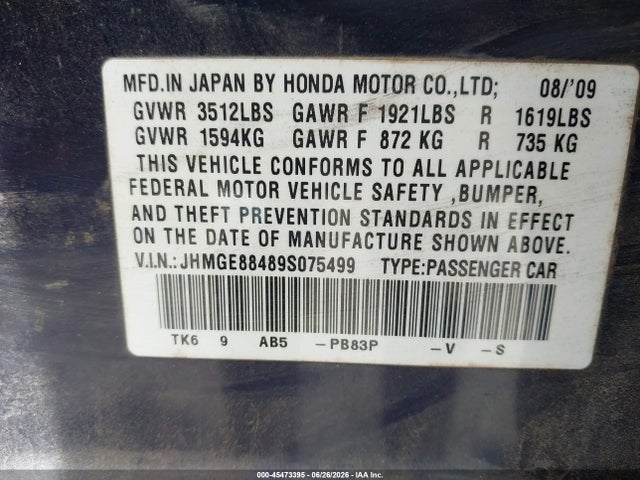 Продажа на аукционе авто 2009 Honda Fit Sport, vin: JHMGE88489S075499, номер лота: 45473395