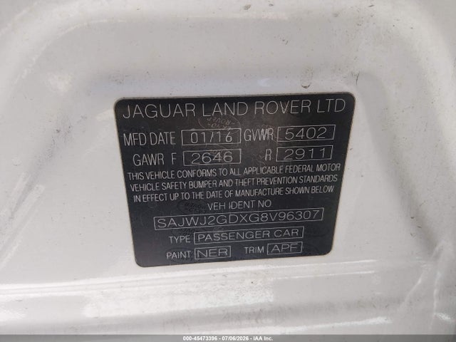 45473396 :رقم المزاد ، SAJWJ2GDXG8V96307 vin ، 2016 Jaguar Xj Xjl Portfolio مزاد بيع
