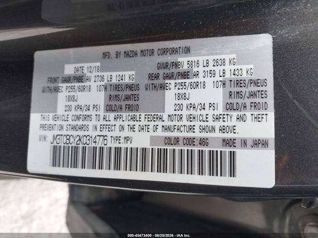 45473400 :رقم المزاد ، JM3TCBCY2K0314776 vin ، 2019 Mazda Cx-9 Touring مزاد بيع