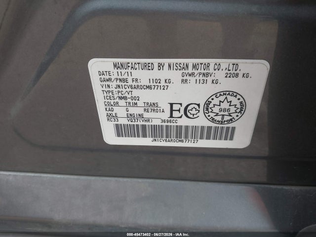 Aukcja sprzedaży 2012 Infiniti G37x, vin: JN1CV6AR0CM677127, numer aukcji: 45473402