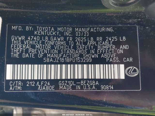 Aukcja sprzedaży 2023 Lexus Es 350 F Sport Handling, vin: 58AJZ1B18PU153299, numer aukcji: 45473420