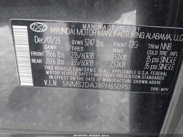 Auction sale of the 2023 Hyundai Santa Fe Sel, vin: 5NMS2DAJ8PH650951, lot number: 45473430