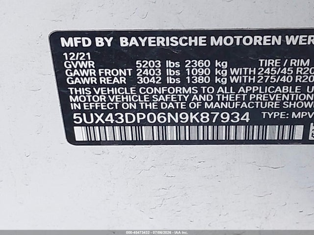 Продажа на аукционе авто 2022 Bmw X3 Sdrive30i, vin: 5UX43DP06N9K87934, номер лота: 45473432