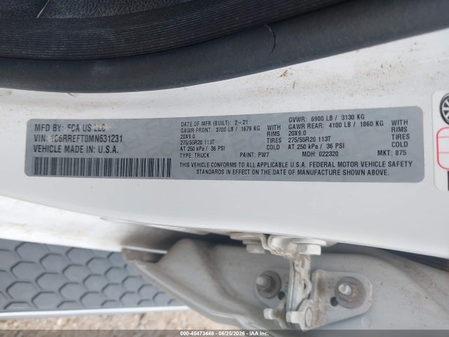 45473448 :رقم المزاد ، 1C6RREFT0MN631231 vin ، 2021 Ram 1500 Lone Star  4x2 5'7 Box مزاد بيع