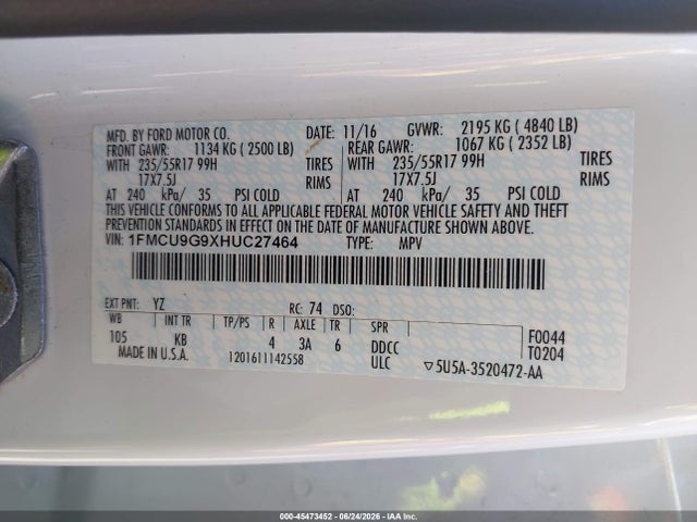 Ford ESCAPE SE 2017 1FMCU9G9XHUC27464 Image 9