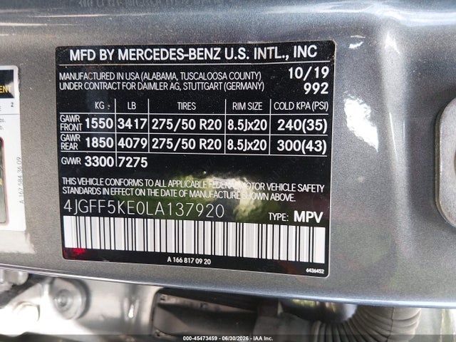 45473459 :رقم المزاد ، 4JGFF5KE0LA137920 vin ، 2020 Mercedes-benz Gls 450 4matic مزاد بيع