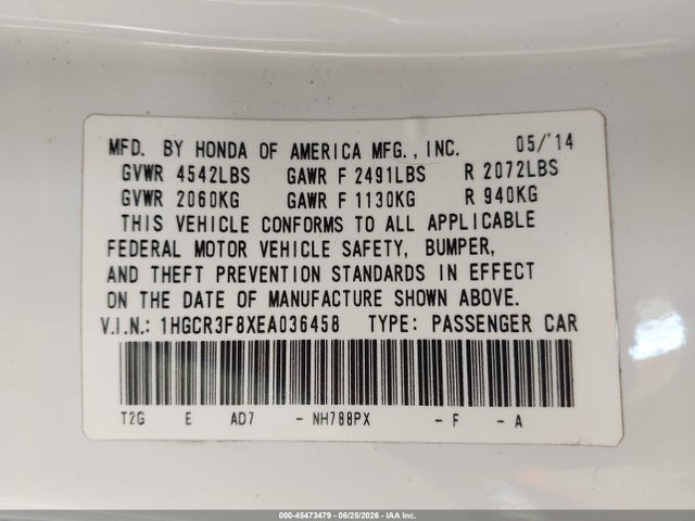 Продажа на аукционе авто 2014 Honda Accord Ex-l V-6, vin: 1HGCR3F8XEA036458, номер лота: 45473479
