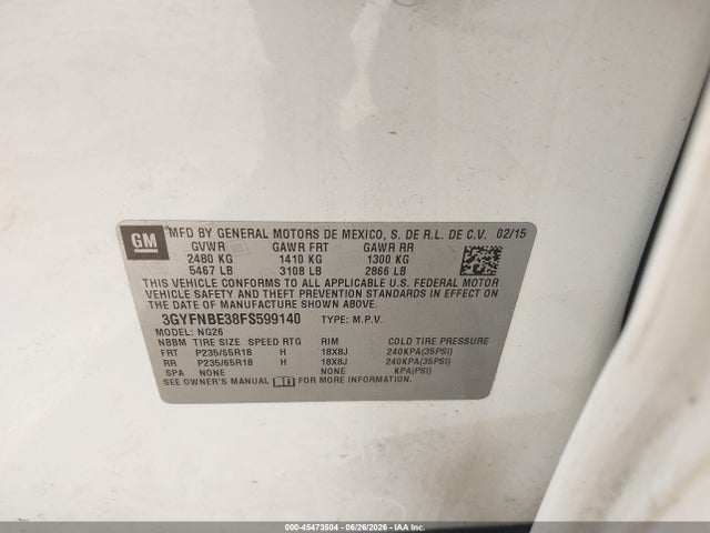 Продаж на аукціоні авто 2015 Cadillac Srx Luxury Collection, vin: 3GYFNBE38FS599140, номер лоту: 45473504