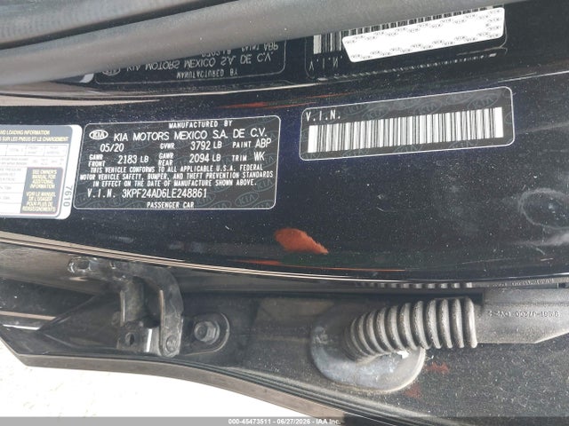 2020 Kia Forte Lxs მანქანა იყიდება აუქციონზე, vin: 3KPF24AD6LE248861, აუქციონის ნომერი: 45473511