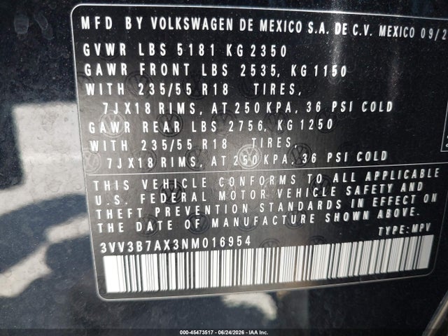 3VV3B7AX3NM016954 Volkswagen Tiguan 2.0t Se