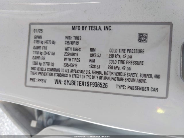 Продажа на аукционе авто 2025 Tesla Model 3, vin: 5YJ3E1EA1SF936526, номер лота: 45473521