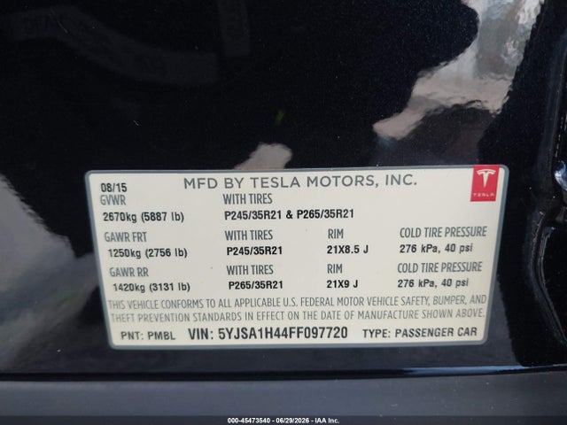 Aukcja sprzedaży 2015 Tesla Model S 85d/p85d, vin: 5YJSA1H44FF097720, numer aukcji: 45473540