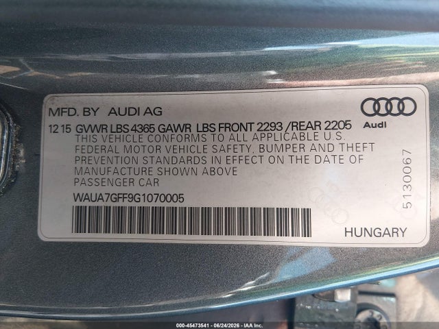 Aukcja sprzedaży 2016 Audi A3 1.8t Premium, vin: WAUA7GFF9G1070005, numer aukcji: 45473541