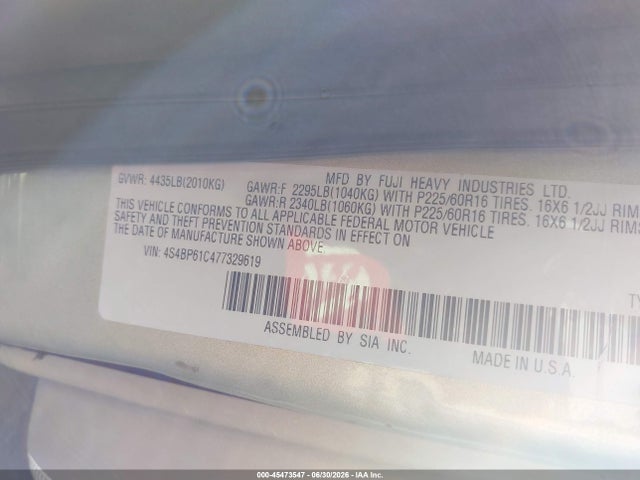 2007 Subaru Outback 2.5i Basic მანქანა იყიდება აუქციონზე, vin: 4S4BP61C477329619, აუქციონის ნომერი: 45473547
