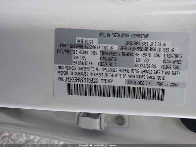 Продажа на аукционе авто 2024 Mazda Cx-90 Phev Preferred, vin: JM3KKBHA8R1159522, номер лота: 45473591