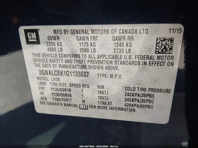 Chevrolet EQUINOX LT 2016 2GNALCEK1G1133637 Image 9