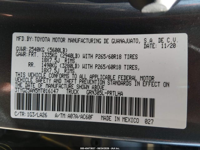 45473637 :رقم المزاد ، 3TYGZ5AN5MT016147 vin ، 2021 Toyota Tacoma Limited مزاد بيع