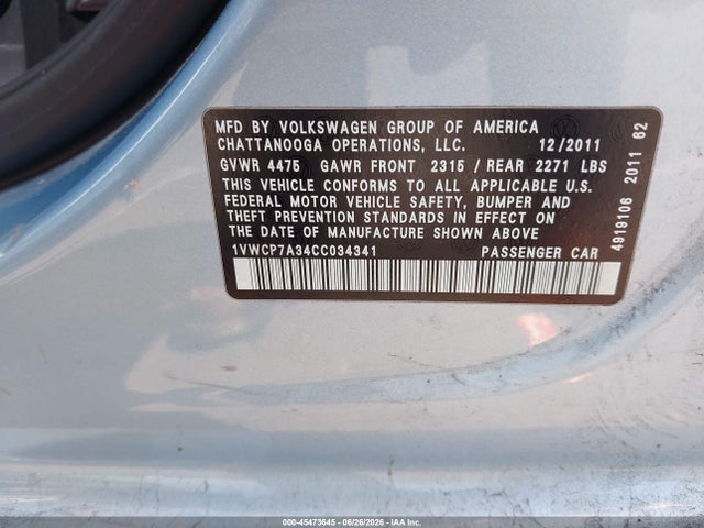 Продаж на аукціоні авто 2012 Volkswagen Passat 2.5l Sel, vin: 1VWCP7A34CC034341, номер лоту: 45473645