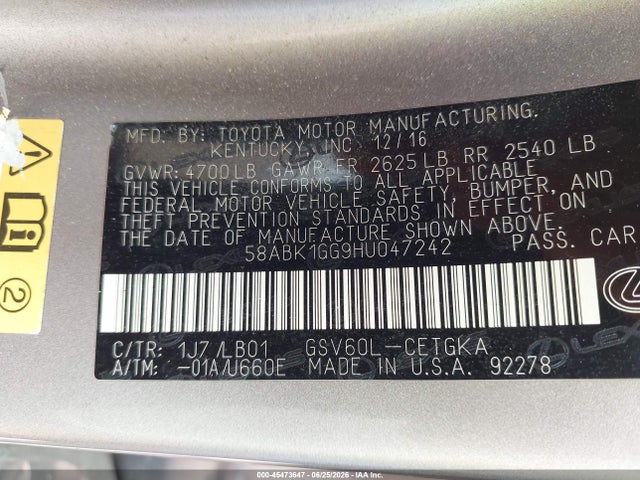 Продажа на аукционе авто 2017 Lexus Es 350, vin: 58ABK1GG9HU047242, номер лота: 45473647