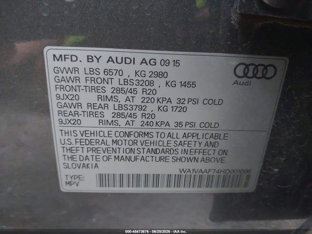 45473676 :رقم المزاد ، WA1VAAF74HD001096 vin ، 2017 Audi Q7 3.0t Premium مزاد بيع